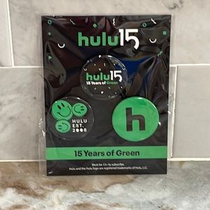 Brand New Sealed Hulu 15 Years of Green 3 Button Collectible Pin Set Anniversary